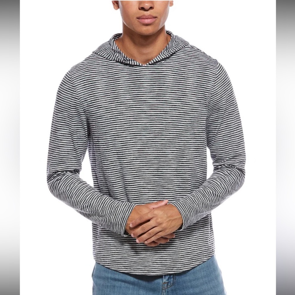 Mens VINCE slub Cotton Striped Pullover Hoodie T shirt XL blue and white
